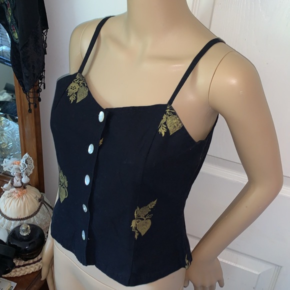 Vintage 90s black gold mother of pearl button cami tank top S - Picture 9 of 11